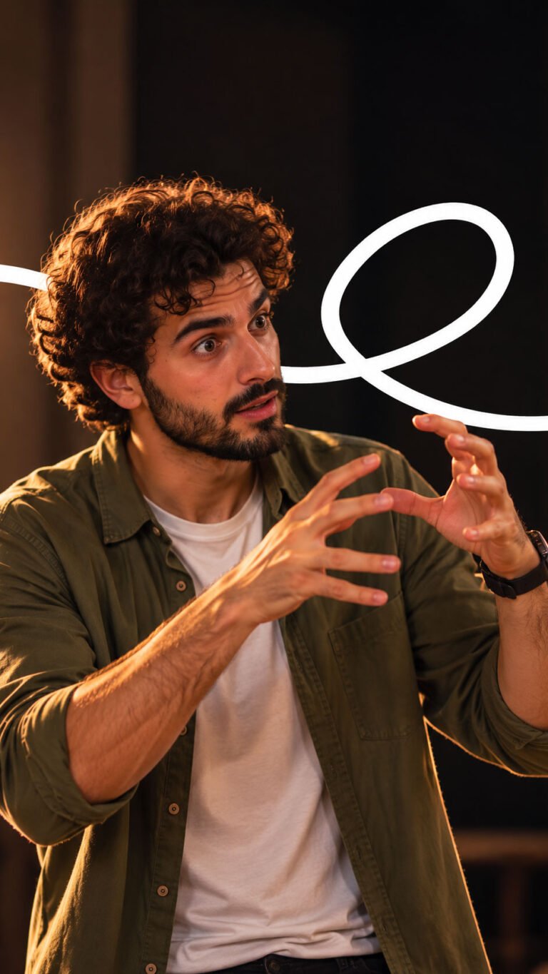 A young man telling a story in sign with expressive hands