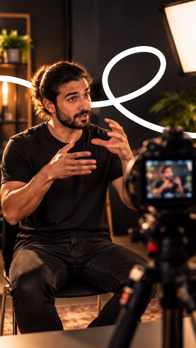 A man signing to a camera during a filmed interview