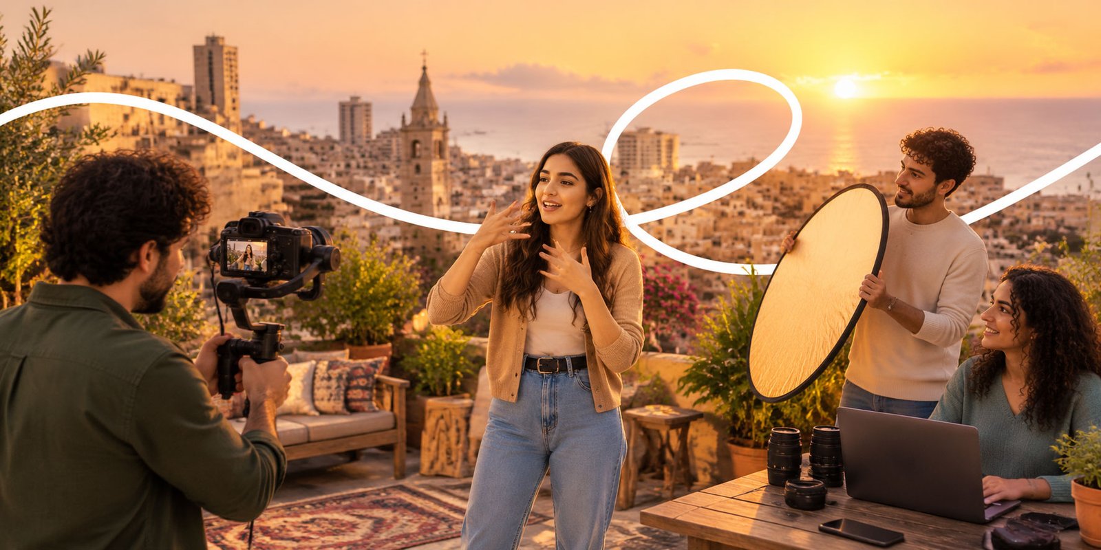 A small crew filming a signer on a Beirut rooftop at sunset