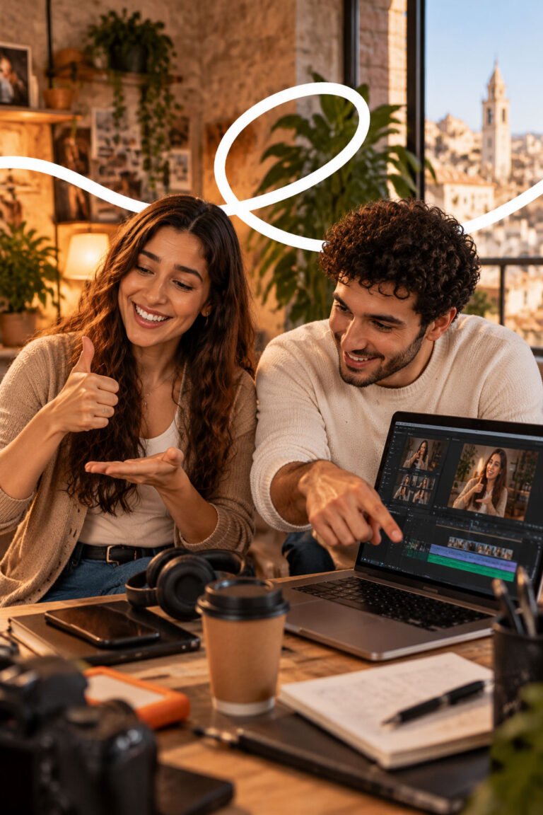 Two creators signing while they edit a video together