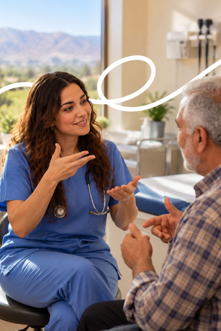 A nurse signing with an older patient in a clinic