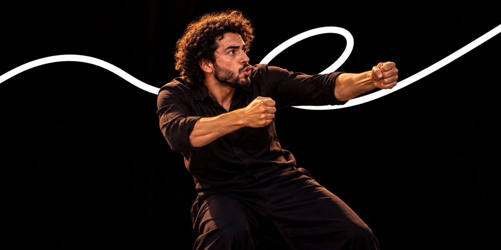 A performer in black signing expressively on a dark stage