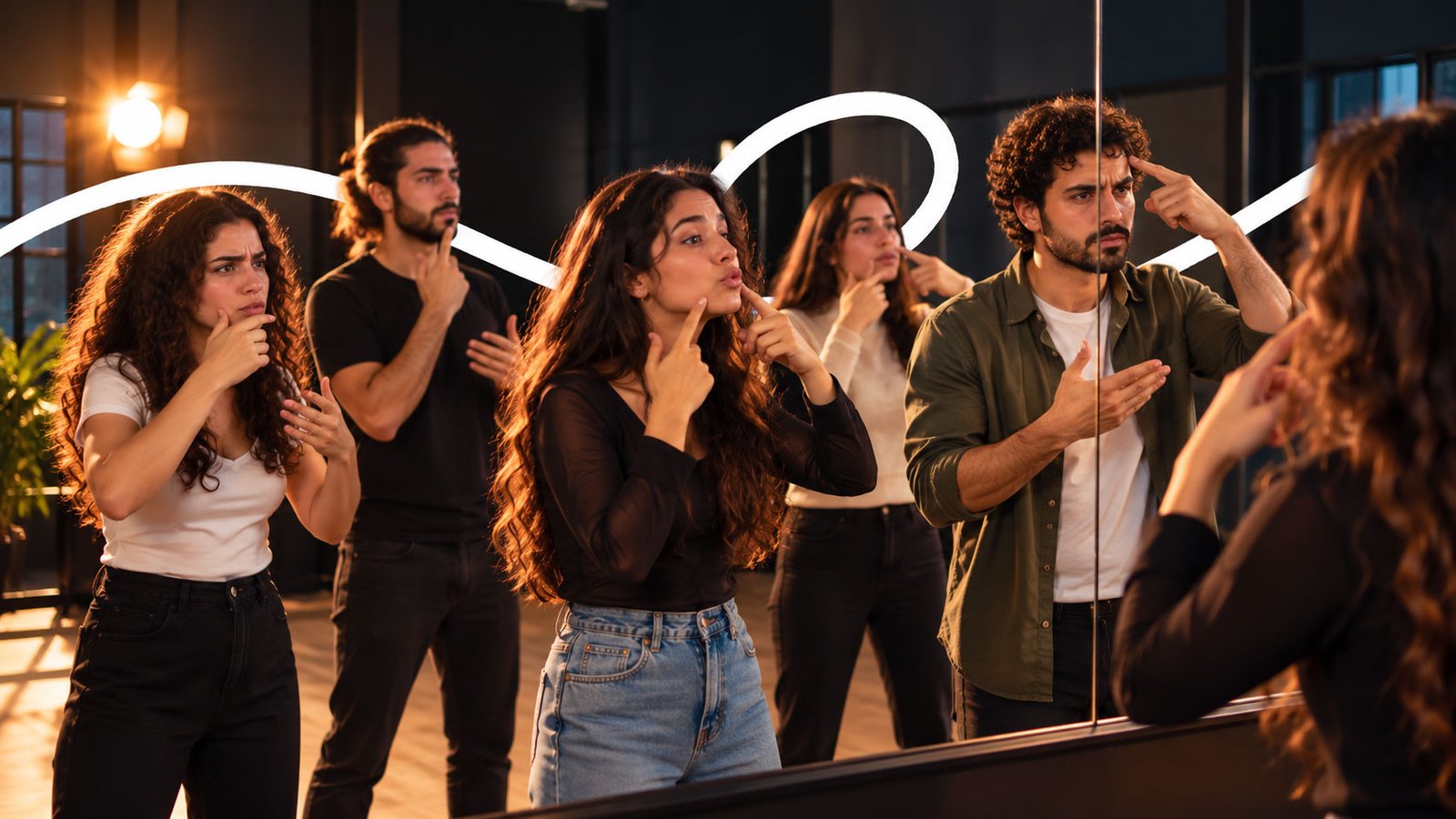 Students practising expressive signing together in a studio