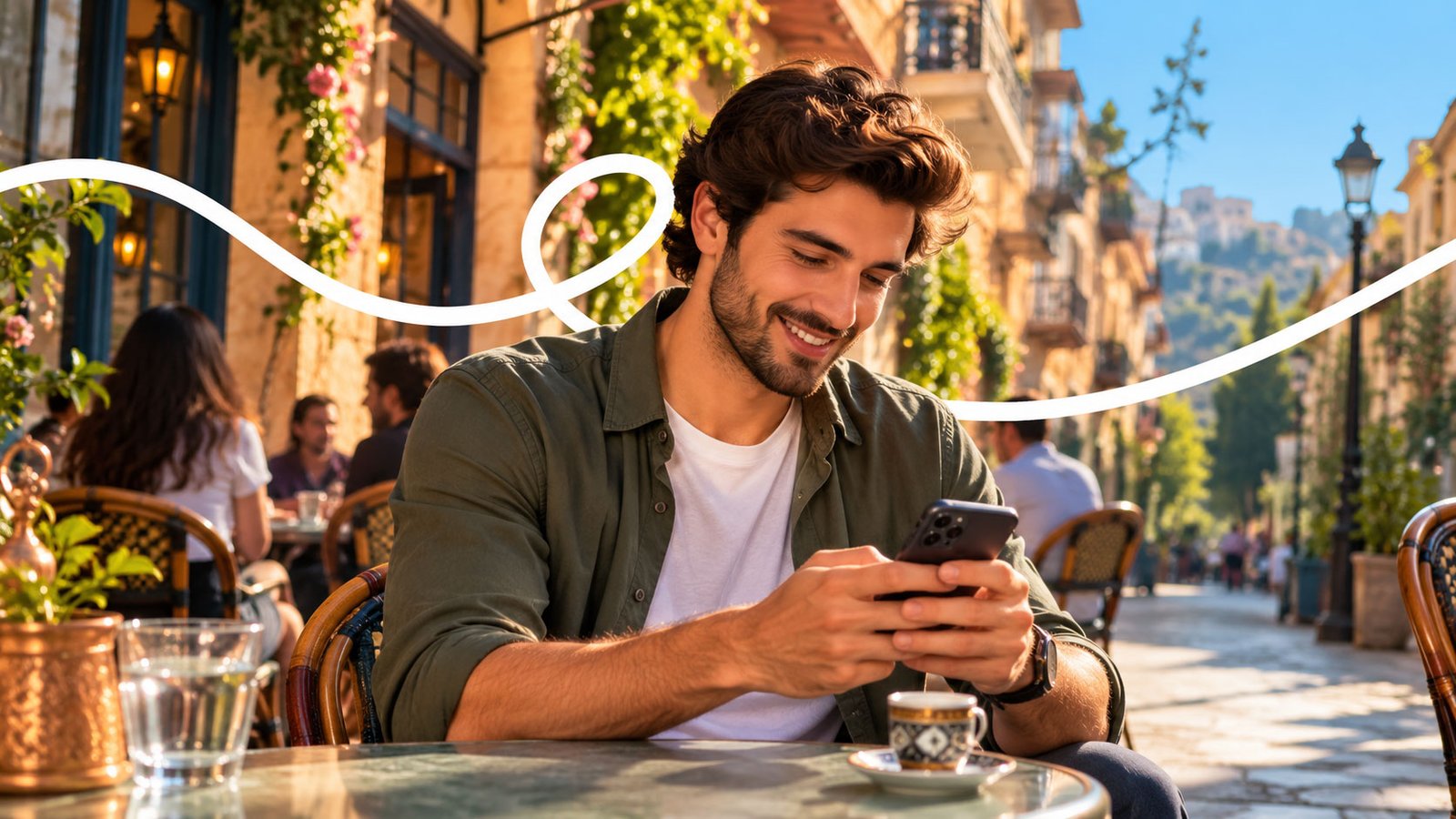 A young man smiling at his phone at a sunny café
