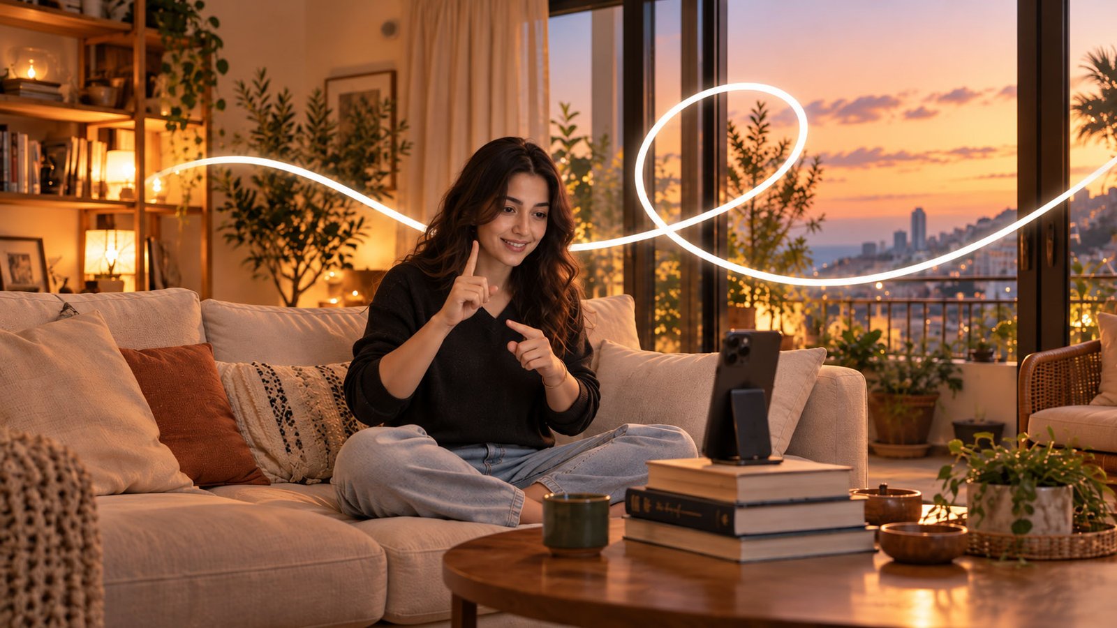 A woman signing on a video call from her living room