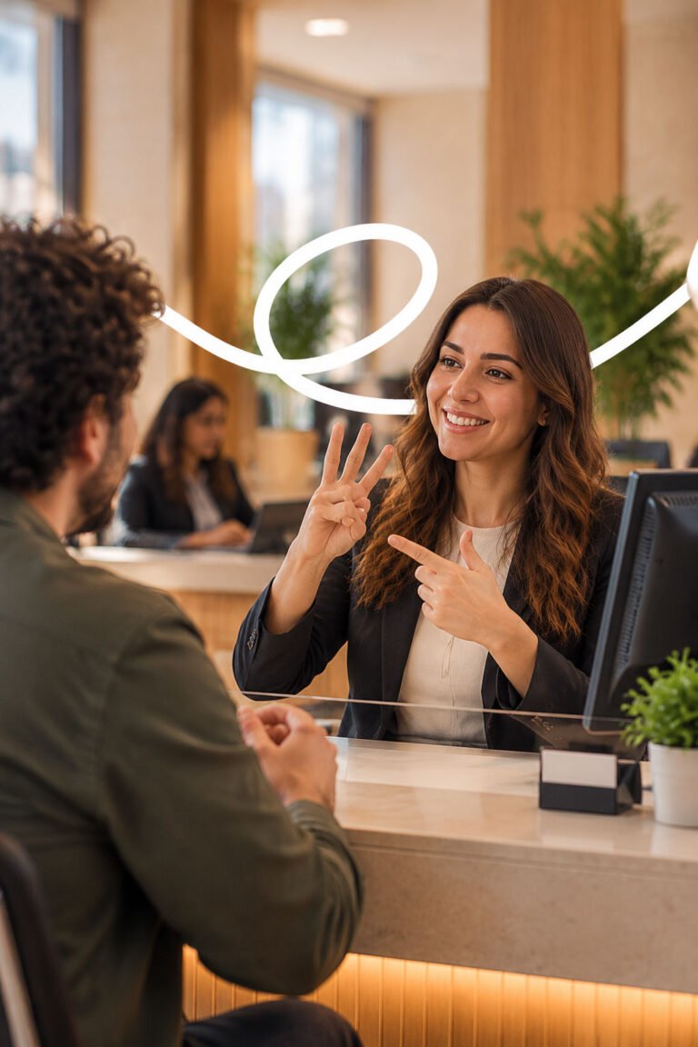 A bank employee signing with a Deaf customer at the counter