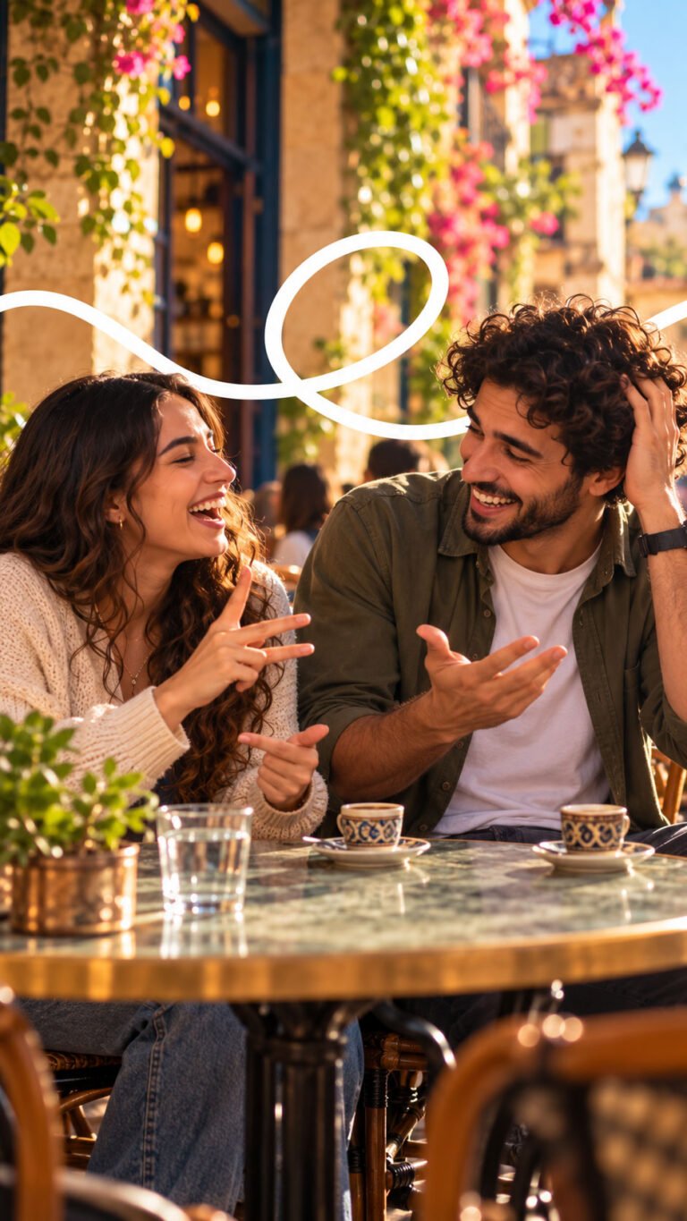 Two friends laughing and signing at a café table