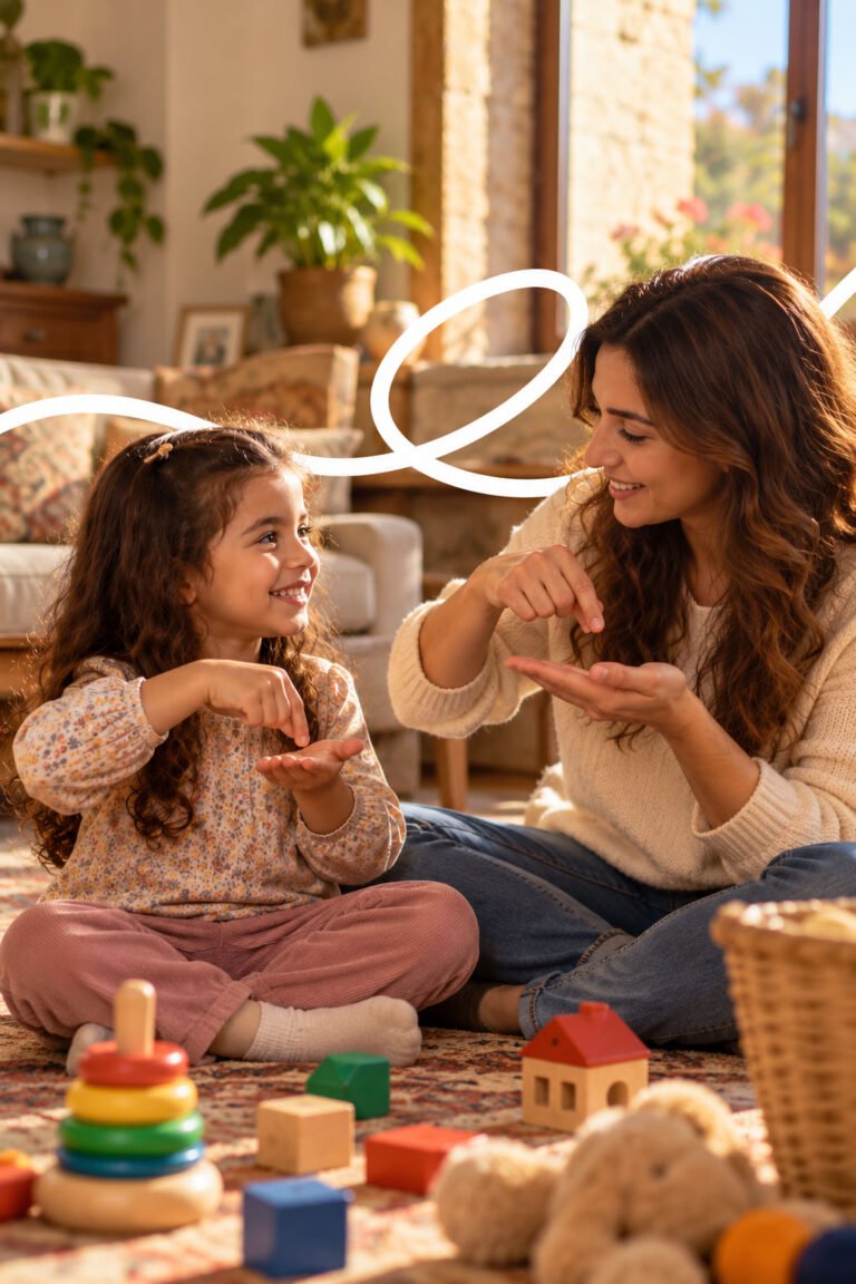 A mother and her young daughter signing together while they play