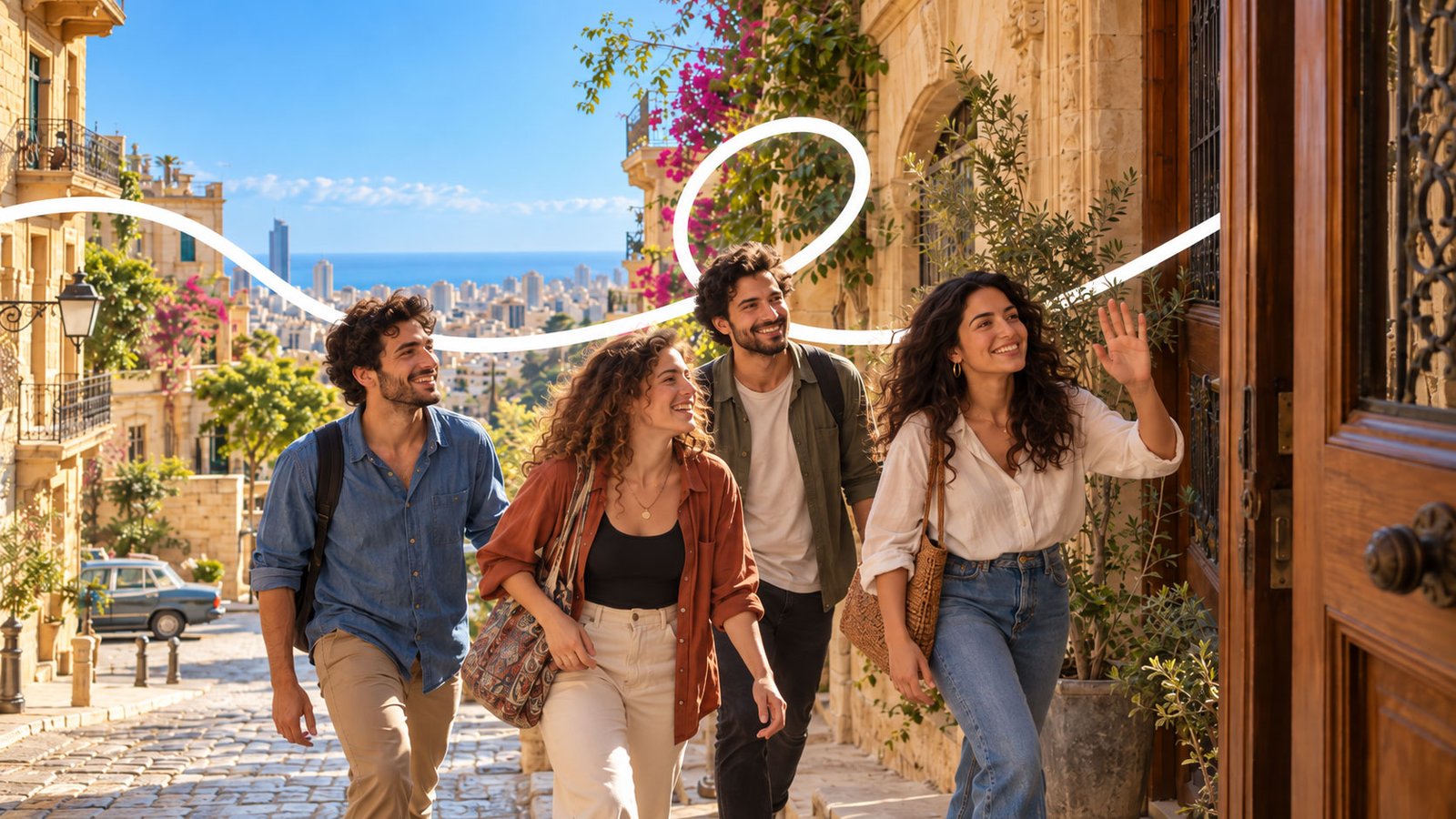 Friends walking and signing through an old town street