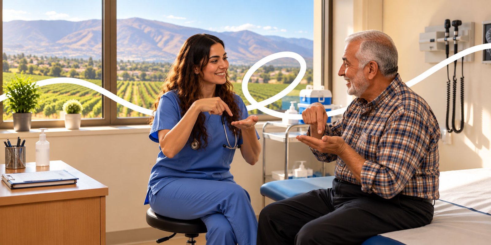 A healthcare worker in scrubs signing with a patient