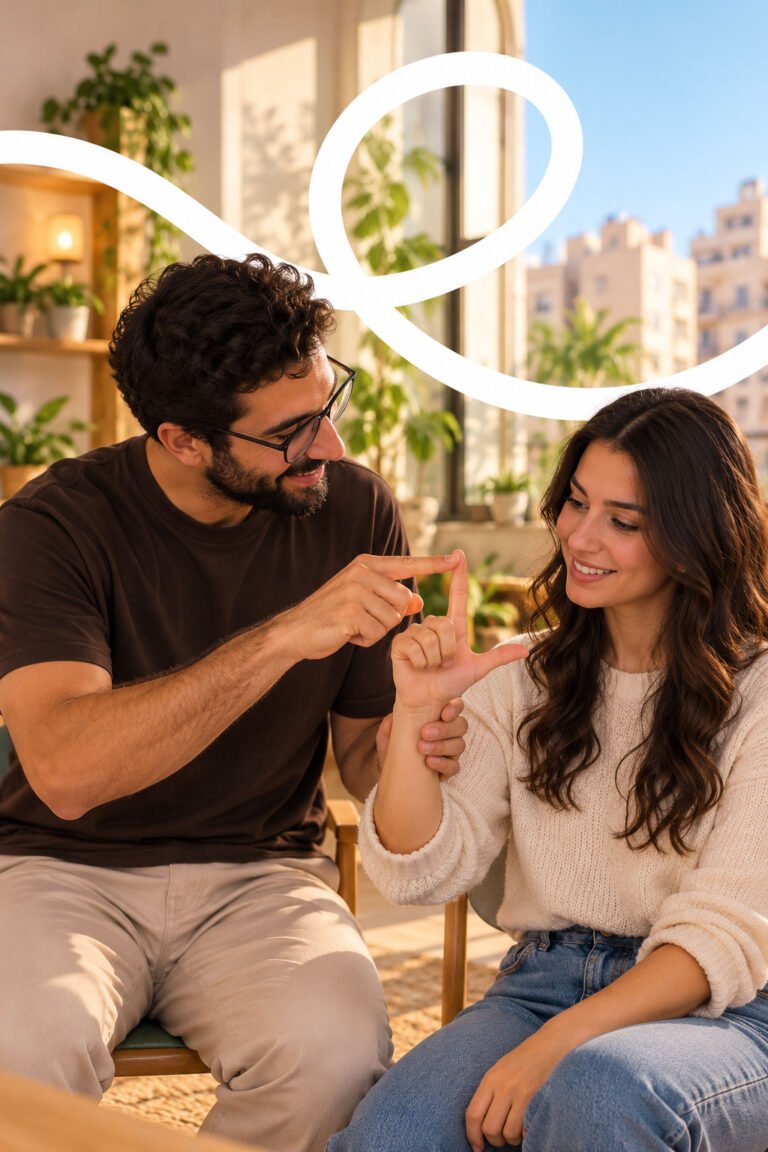 A man and a woman practising signs together