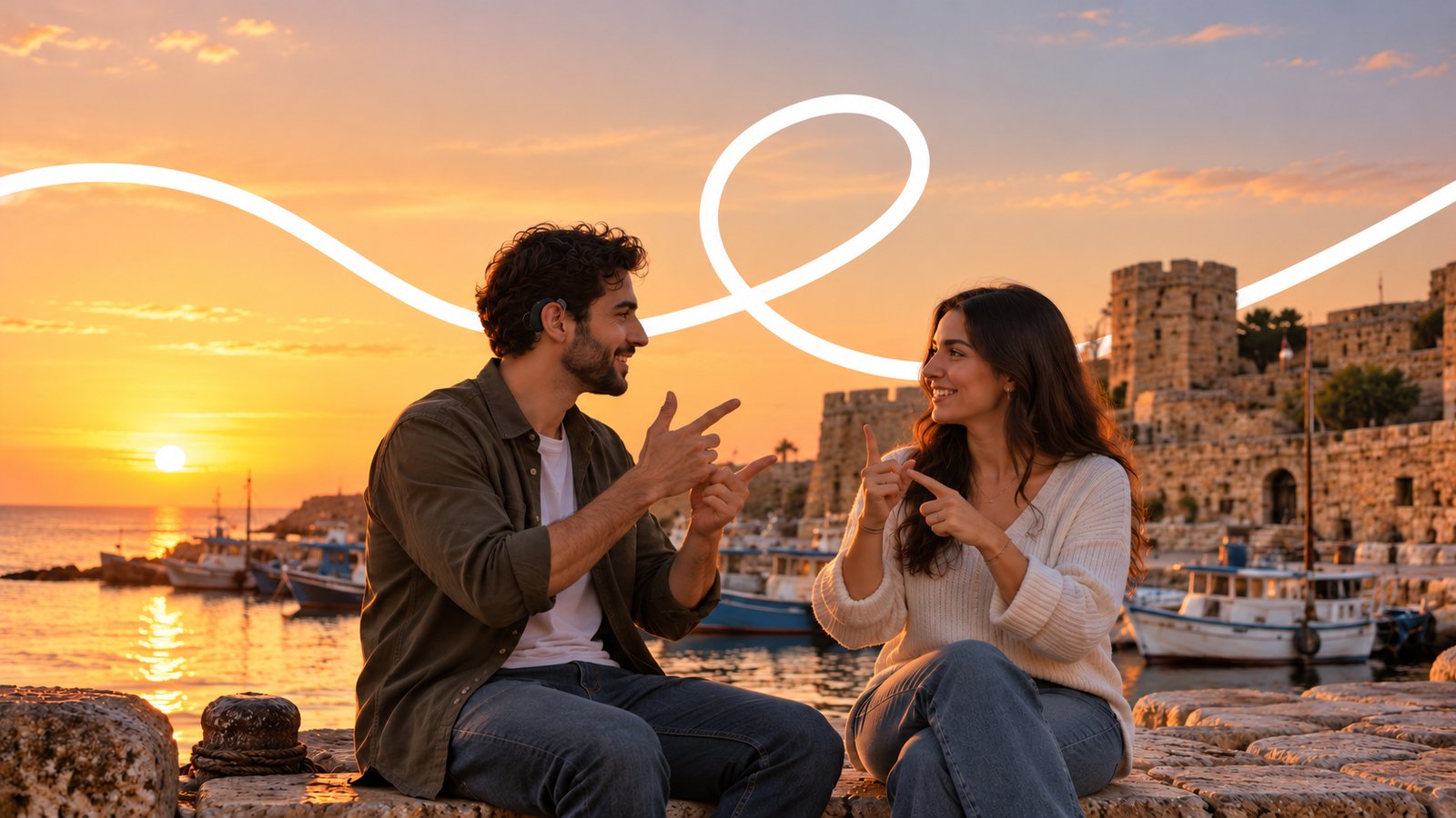 Two people signing by a harbour at sunset