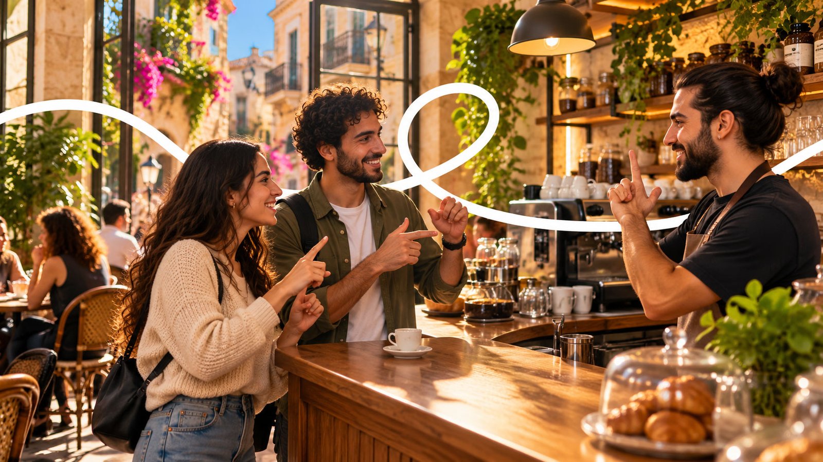 Friends signing with each other at a busy café counter