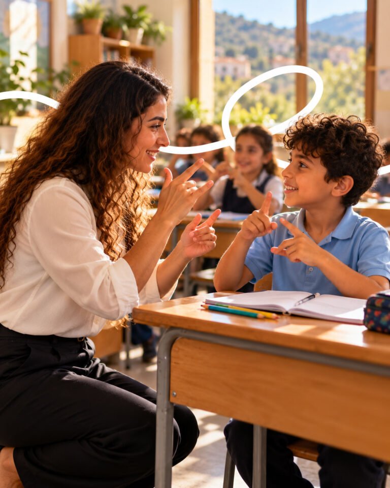 A teacher signing with young students in a sunny classroom
