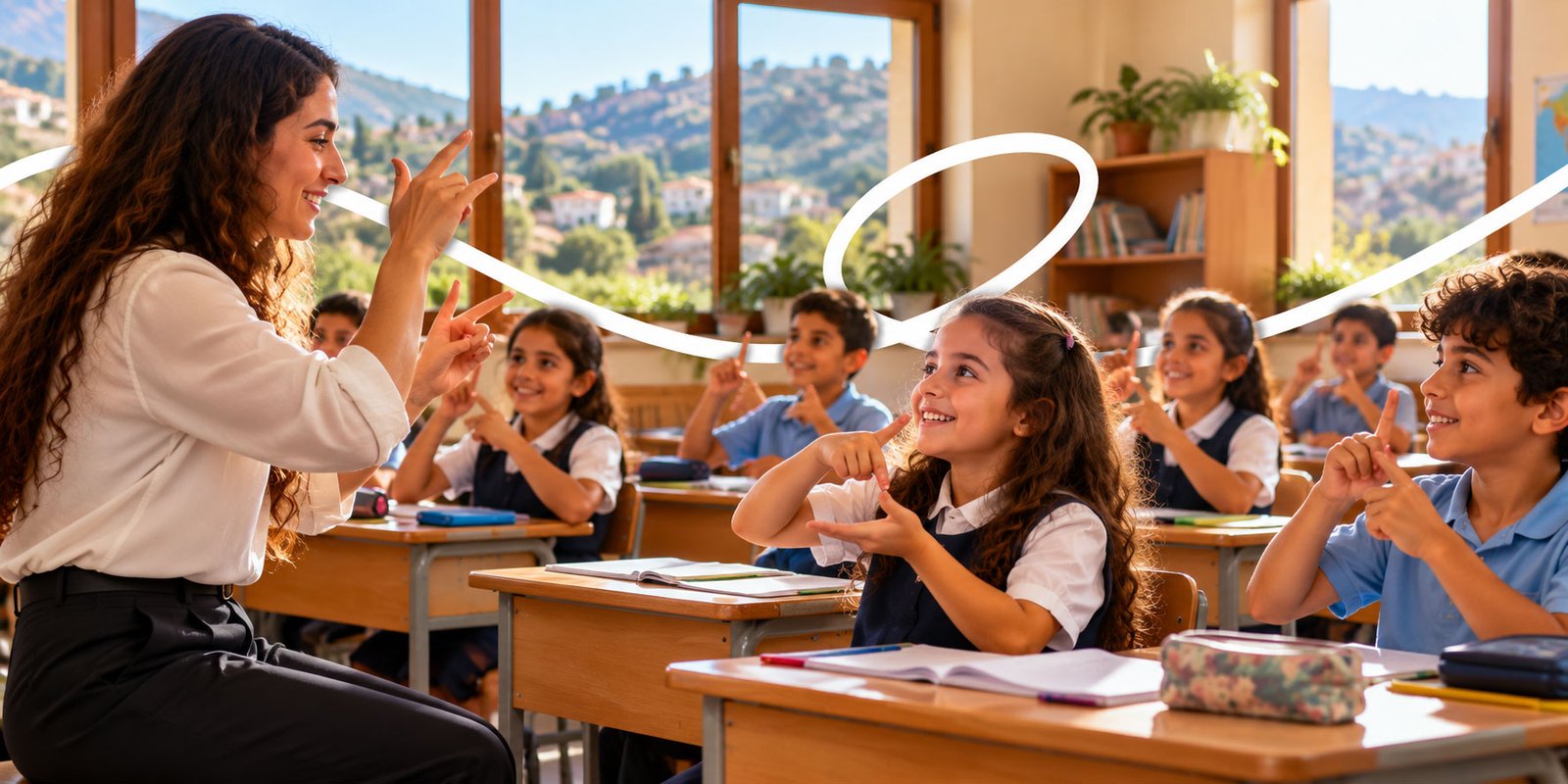 A teacher signing with young students in a sunny classroom