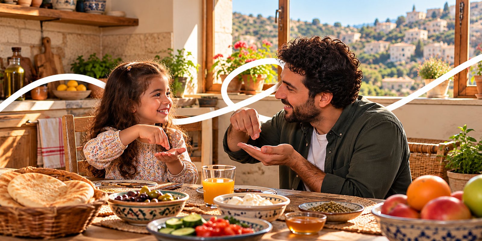 A father and his little girl signing at a sunny breakfast table