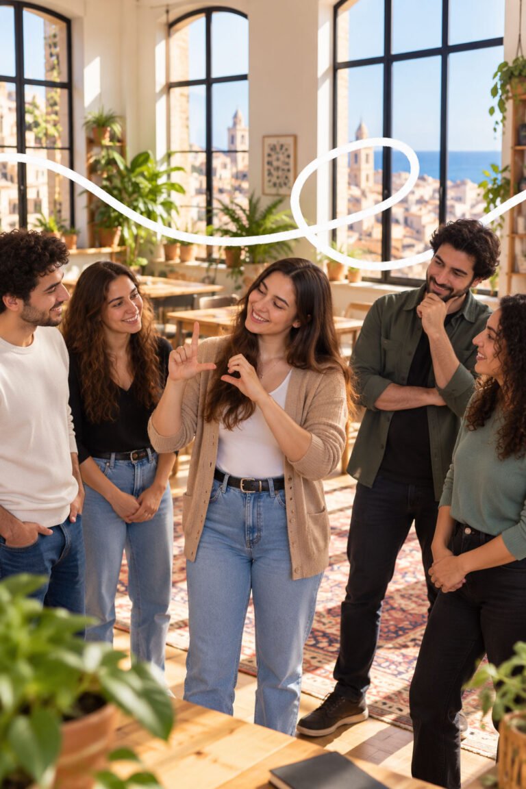 Students signing with each other in a sunny studio