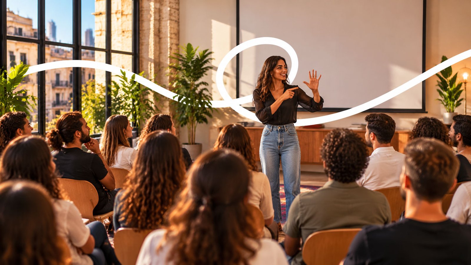 A speaker signing a talk in front of a seated audience