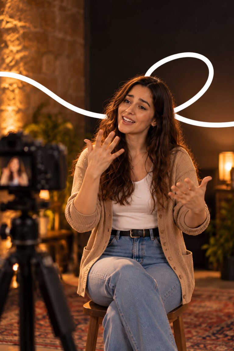A woman signing a story to a camera in a studio